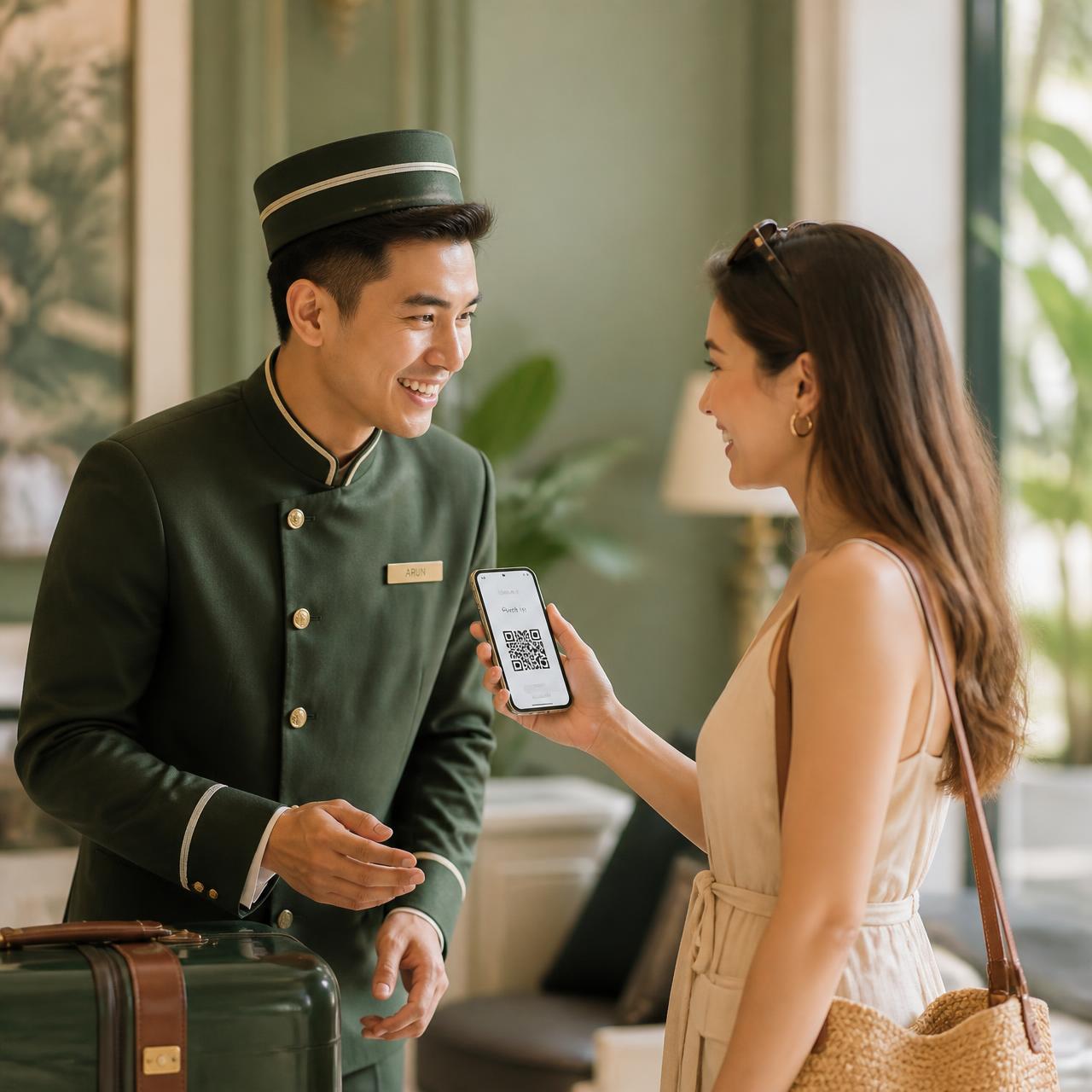 A hotel guest scanning a bellhop's Gratzii QR code to send a tip